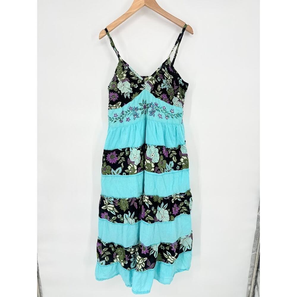 Magic Midi Tiered Sundress Dress Floral Boho Festival Hippie Size Medium Blue